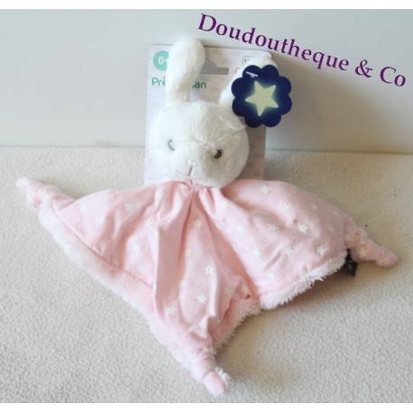 Doudou plat Lapin ORCHESTRA / PREMAMAN rose blanc etoile fluorescent