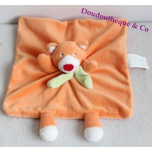 Doudou plat Ours Renard KIMBALOO orange écharpe verte 25 cm