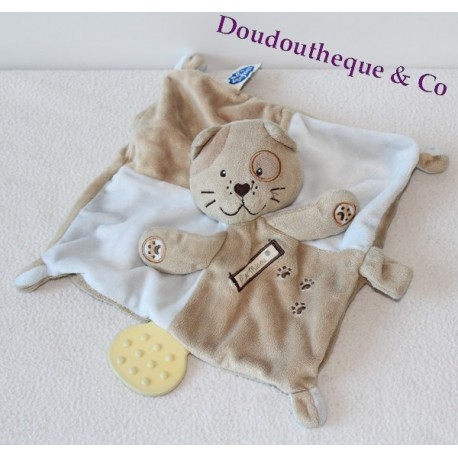 doudou plat Chat MOTS D'ENFANTS marron bleu anneau dentition doudou plat Chat MOTS D'ENFANTS marron bleu anneau dentition