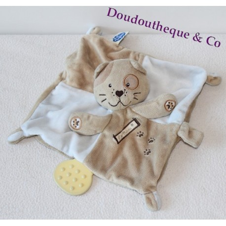 doudou plat Chat MOTS D'ENFANTS marron bleu anneau dentition