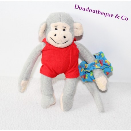 Mini peluche singe Popi BAYARD maillot rouge et sac bleu 12 cm