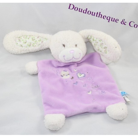 Doudou plat lapin TEX BABY Carrefour violet mauve oiseau coeur fleurs 27 cm