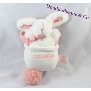 Peluche Lapin musical DOUDOU ET COMPAGNIE pompon corail banc et rose