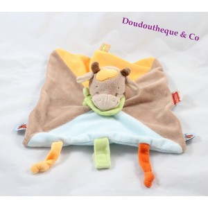 Doudou plat Vache NATTOU Little Garden marron bleu orange foulard vert 25 cm