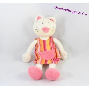 Doudou chat BABYSUN robe rayée rose orange poche grelot 28 cm