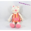 Doudou chat BABYSUN robe rayée rose orange poche grelot 28 cm