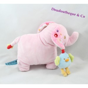 Doudou plat éléphant Bébérêve Bébé Rêve CASINO rose oiseau bleu 35 cm 