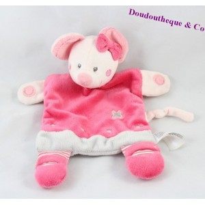 Doudou plat souris NICOTOY rose gris fleur noeud rose 25 cm