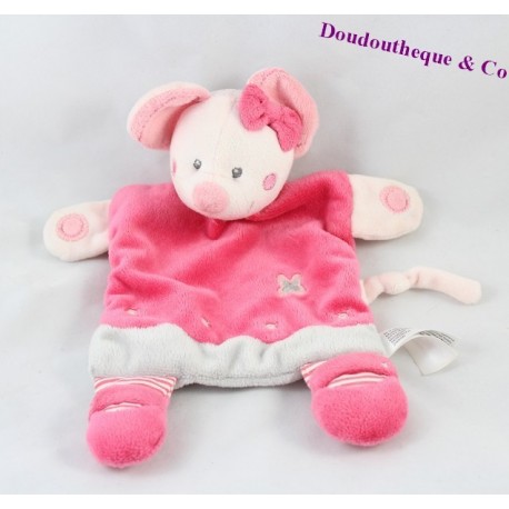 Doudou plat souris NICOTOY rose gris fleur noeud rose 25 cm