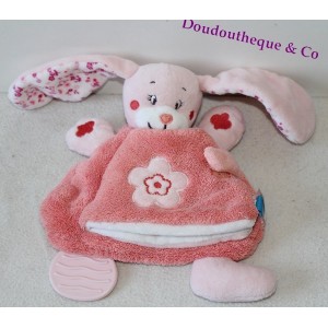 Doudou plat Lapin TEX BABY fleurs oiseau rose rouge 20 cm