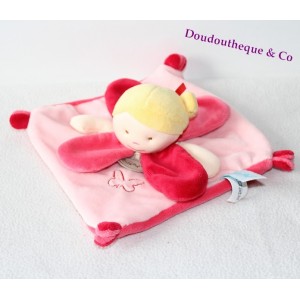 Doudou plat fille BABY NAT' Mes petites poupées blonde rose rouge 24 cm