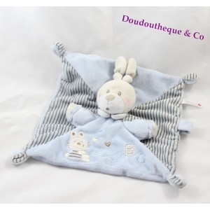 Doudou plat lapin NICOTOY bleu Abc rayures attache tétine lapin 23 cm