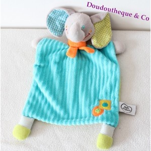 Doudou flacher Elefant WORTE DER KINDER blau grün orange Schal Leclerc 29 cm