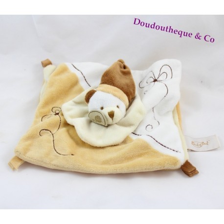 Doudou plat ours BABY NAT' marron blanc fleur carré bonnet 22 cm