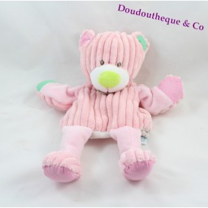 Doudou marionnette ours BABY NAT' Les doubambins rose côtelée