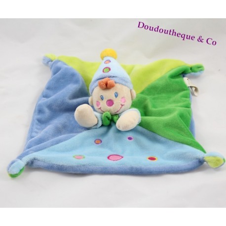 Doudou plat Lutin clown Nicotoy vert et bleu Doudou plat Lutin clown Nicotoy vert et bleu