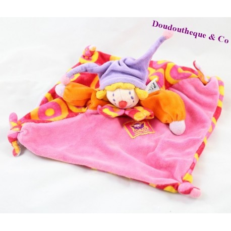 Doudou plat marionnette Clown Capucin MOULIN ROTY Dragobert arlequin rouge