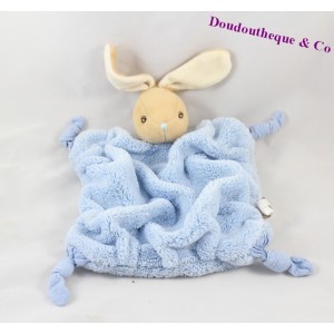 Doudou plat lapin KALOO plume bleu ciel 4 noeuds tissus 34 cm