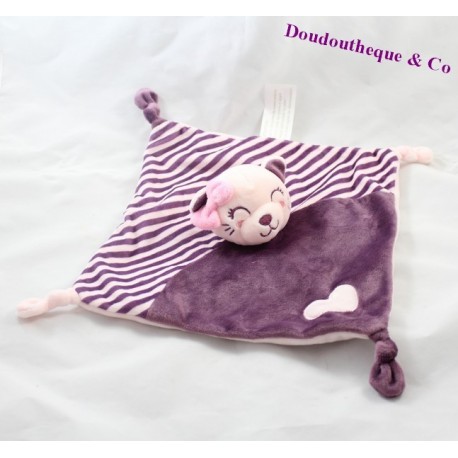 Doudou plat Ours KIMBALOO coeur violet rose 4 noeuds 25 cm