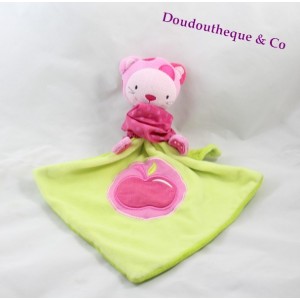 Doudou plat chat VERTBAUDET pomme brodée vert et rose