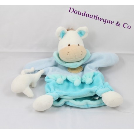 Doudou marionnette Ane Anatole  DOUDOU ET COMPAGNIE bleu et son dauphin blanc