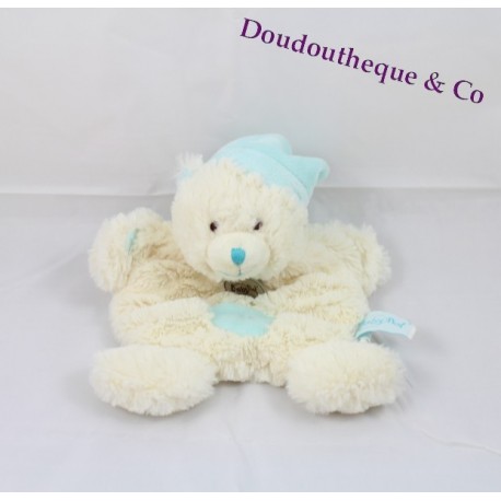 Doudou Ours BABY NAT blanc et bleu Ourson câlins croix ventre 