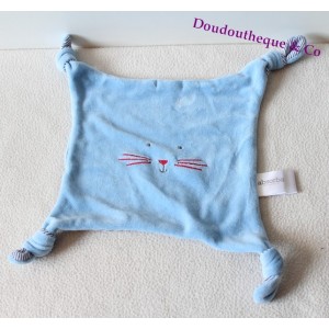 Doudou plat chat ABSORBA bleu rayures carré 4 noeuds 20 cm