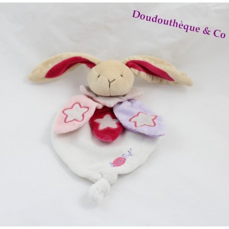 Doudou plat Lapin BABY NAT' rose blanc violet étoile luminescent brille dans le noir 23 cm