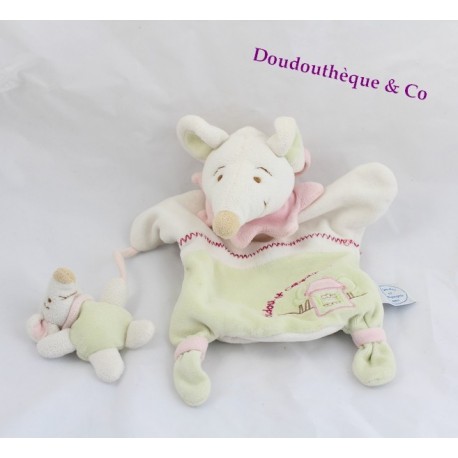 Doudou marionnette souris et son bébé Barbotine DOUDOU ET COMPAGNIE verte 26 cm