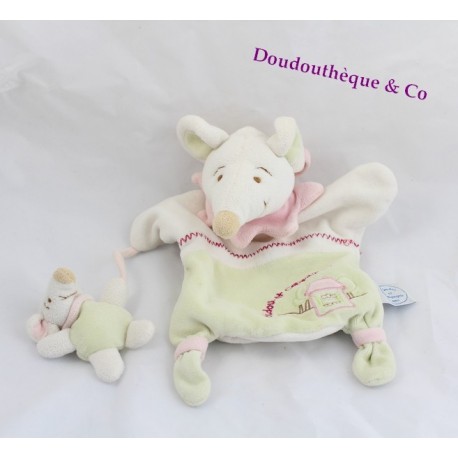 Doudou ratón títere y su bebé DOUDOU Y COMPAGNIE Green Barbotine 26 cm