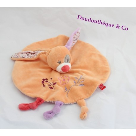 Doudou Plat Rond Lapin Cocard TEX Orange Avec Broderie Fleurs Doudou Plat Rond Lapin Cocard TEX Orange Avec Broderie Fleurs