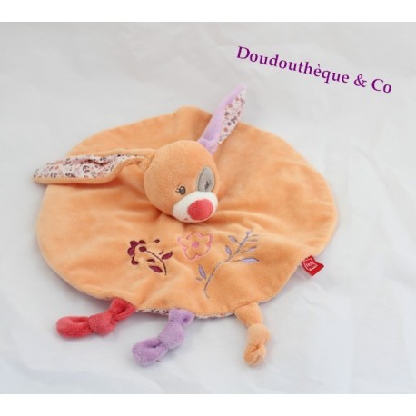 Doudou Plat Rond Lapin Cocard TEX Orange Avec Broderie Fleurs