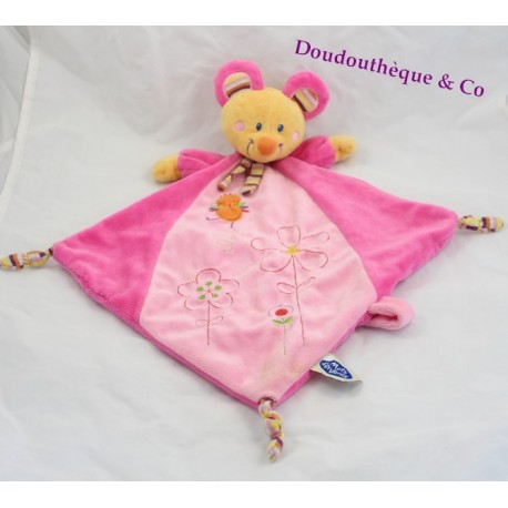 Doudou plat souris MOTS D'ENFANTS rose losange Leclerc 45 cm broderies