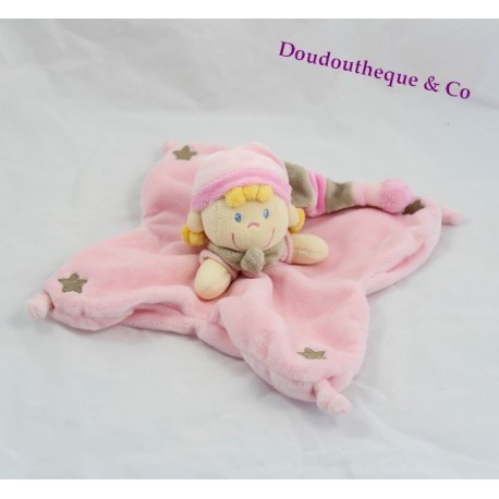 Doudou plat lutin NICOTOY rose 22x22cm