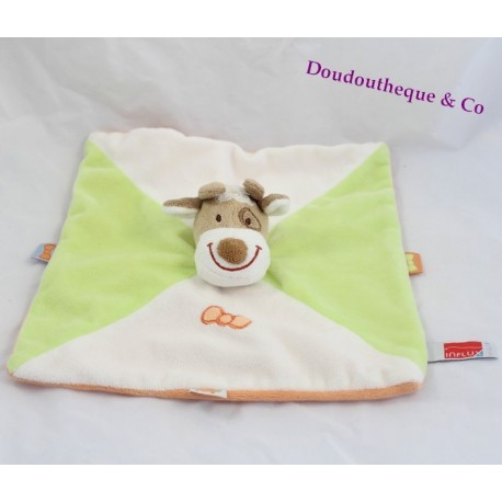 Doudou plat vache INFLUX vert blanc orange noeud 26 cm