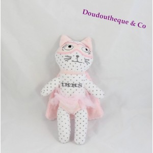 Doudou chat IKKS super héros tutu cape masque rose blanc pois gris 20 cm