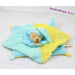 Flat cuddly toy Bear BABY NAT' square yellow and blue 26 cm