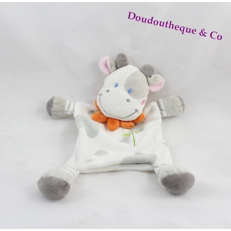 Kuh flache Doudou NICOTOY weiß grau Kragen orange 27 cm Kuh flache Doudou NICOTOY weiß grau Kragen orange 27 cm