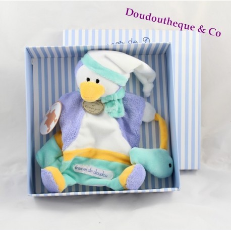 Doudou marionnette pingouin DOUDOU ET COMPAGNIE Graines de doudou bleu poisson grelot