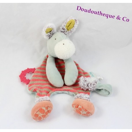 Doudou plat Ane MOULIN ROTY Biscotte et Pompon attache tétine anneau