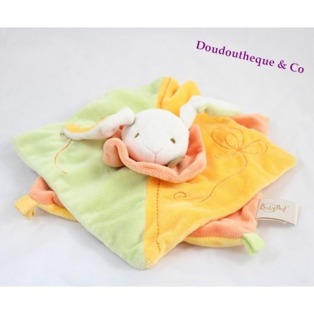 Doudou plat Lapin jaune et rose BABY NAT' 14 cm  	