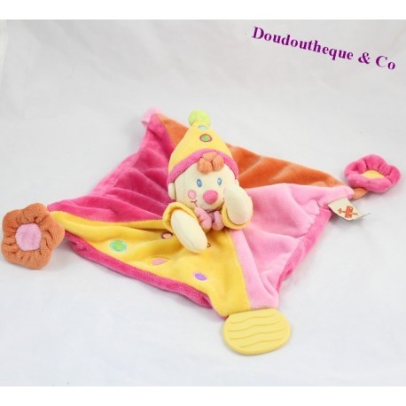 Doudou plat Clown NICOTOY jaune orange rose