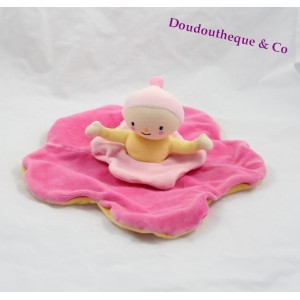 Doudou plat poupée Katherine Roumanoff fleur rose et jaune Dim Dam Doum Moulin Roty