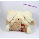 Doudou plat Lapin NICOTOY croix brodées beige marron  	