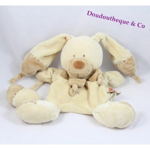 Doudou marionnette lapin NICOTOY Bastien beige croix brodées coeur grelot 