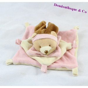 Doudou plat ours DOUDOU ET COMPAGNIE rose, bonnet marron 16 cm