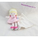 Doudou poupée SUCRE D'ORGE cajou blonde robe rose mouchoir blanc 22 cm