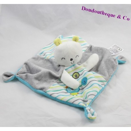 Doudou plat ours MOTS D'ENFANTS bleu écusson oiseau 4 noeuds Doudou plat ours MOTS D'ENFANTS bleu écusson oiseau 4 noeuds