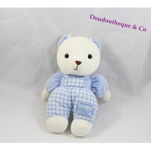 Doudou Ours hochet salopette Vichy Bleue et Blanche Nounours