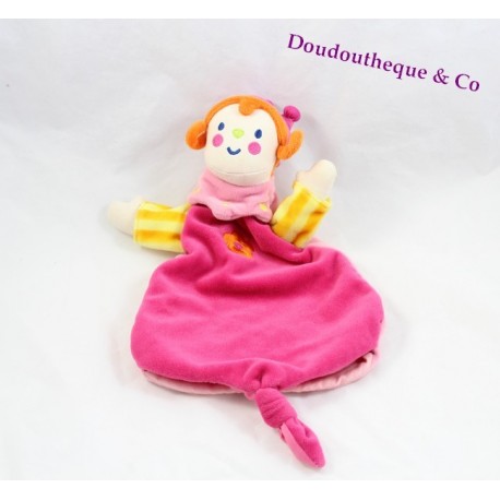 Doudou plat poupée Katherine Roumanoff fleur rose et jaune Dim Dam Doum Moulin Roty